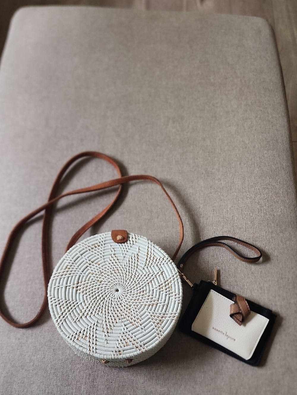 Woven Round Crossbody Bag in White with Tan Strap Plus Mini Card Holder .